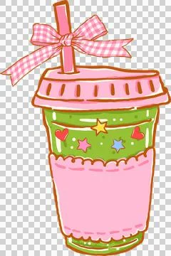 Whimsy Iced Matcha Latte with Pink Gingham Ribbon Bow Doodle Hand Drawn Illustration
