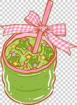 Whimsy Iced Matcha Matcha with Straw and Pink Gingham Ribbon Bow Doodle Han.. Stock Illustration