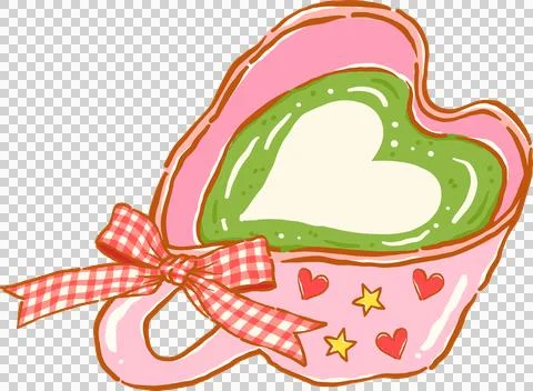 Whimsy Matcha Latte with Art in Pink Heart Cup and Red Gingham Bow Doodle H.. Stock Illustration