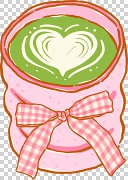 Whimsy Matcha Latte with Art in Pink Cup and Red Gingham Bow Doodle Hand Draw 库存插图