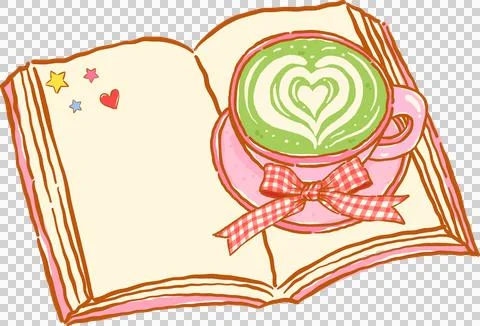 Whimsy Matcha Latte Bookish with Opened Book and Gingham Bow Doodle Hand Draw Stockillustratie