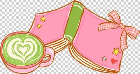 Whimsy Matcha Latte Bookish with Pink Opened Book Inky Hand Drawn. Ilustração Stock