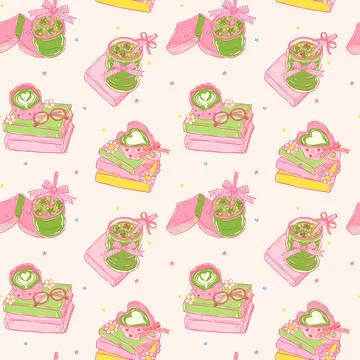 Whimsy matcha latte Bookish seamless pattern with Gingham Bow Coquette hand.. Illustration