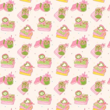 Whimsy matcha latte Bookish seamless pattern with Gingham Bow Coquette hand.. 库存插图