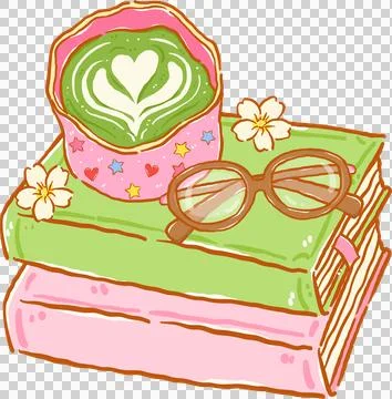 Whimsy Matcha Latte Bookish with Stack Book and Glasses Doodle Hand Drawn. Иллюстрация