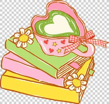 Whimsy Matcha Latte Bookish,  Stack of Books With Heart Shaped Drink Cup In.. Stock Illustration