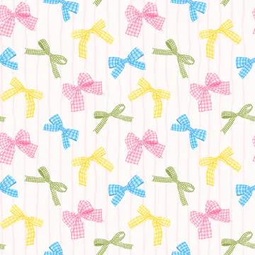 Whimsy Pastel Colorful Gingham Bow Seamless Pattern isolated on stripes Bac.. イラスト素材