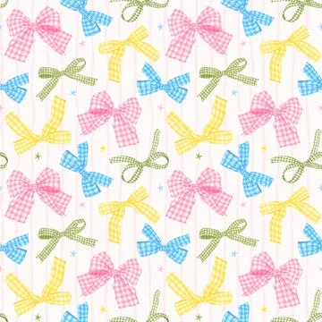 Whimsy Pastel Colorful Gingham Bow Seamless Pattern on stripes Background W.. 스톡 일러스트