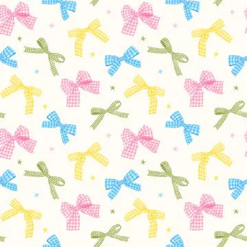 Whimsy Pastel Colorful Gingham Bow Seamless Pattern Whimsical Coquette Hand.. 스톡 일러스트