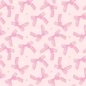 Whimsy Pastel Pink Gingham Bow Seamless Pattern isolated on Background Whim.. Illustrazione stock