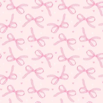 Whimsy Pastel Pink Gingham Ribbon Bow Seamless Pattern isolated on peach Ba.. 스톡 일러스트