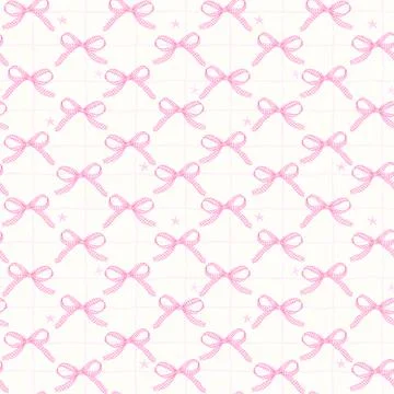 Whimsy Pastel Pink Gingham Ribbon Bow Seamless Pattern Repeating Background 스톡 일러스트
