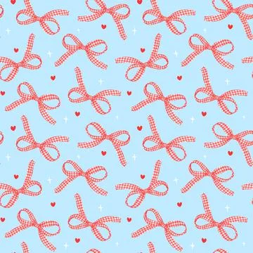 Whimsy Pastel red Gingham Ribbon Bow Seamless Pattern Repeating Blue Backgr.. 스톡 일러스트