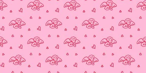 Whimsy Seamless pattern with cherub, coquette hearts on pink background 스톡 일러스트