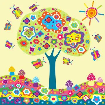 Whimsy spring background with flower tree, mushrooms and butterflies Stock Illustration