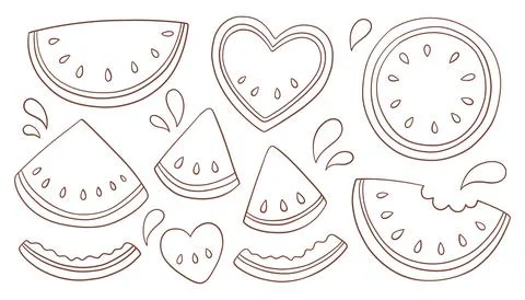 Whimsy watermelon set. Line art illustration with various stylized watermelon Stock Illustration