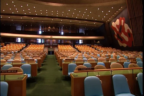 Whip pan around the inside of the United Nations Security Council chamber. Stock Footage 86752889