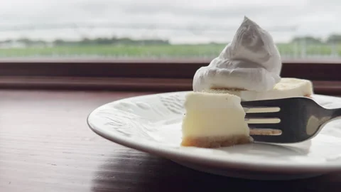 Whipped cream crowns cheesecake slice as fork slowly captures the first bite Stock Footage 339355537