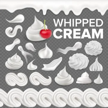 Whipped Cream Set Vector. White Creamy Swirl. Vanilla Milk Dessert. Soft Stock Illustration