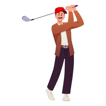 Whiskered man playing golf, vector flat golfer in red cap holding club and ball Stock Illustration