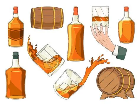 Whiskey advertising vintage design elements. Glass bottle, man hand holding 库存插图