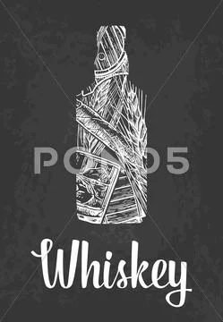 Whiskey bottle with glass, ice cubes, barrel, cigar. Stock Illustration