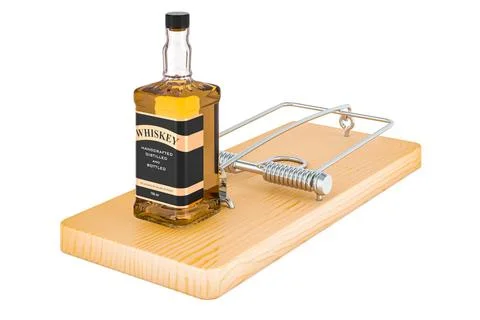 Whiskey bottle inside mousetrap. 3D rendering Stock Illustration