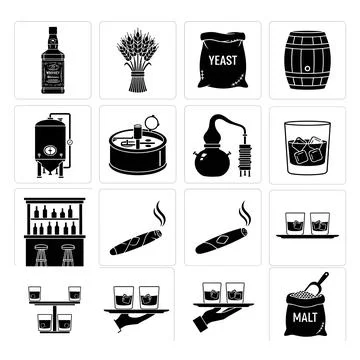 Whiskey bottle, wheat, yeast bag, barrel, distillery, alembic, glass, bar, .. Stock Illustration