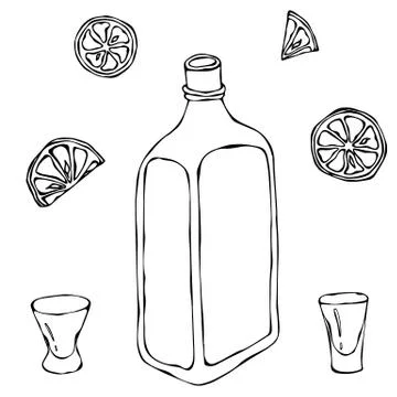 Whiskey Cognac or Brandy Bottle and Shot Glass Sketch. With Citrus. Drink Time Stock Illustration