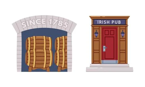Whiskey Drink Process with Storage and Maturation in Wooden Barrel and Irish Pub Stock Illustration