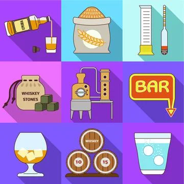 Whiskey factory icon set, flat style Stockillustratie