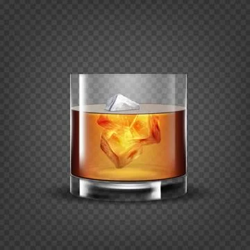 Whiskey glass. Bourbon with ice cubes. Whisky classic serving. Transparent Stock Illustration