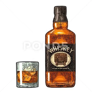 Whiskey glass with ice cubes and bottle label with barrel Stock Illustration