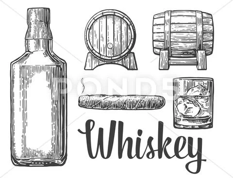 Whiskey glass with ice cubes barrel bottle cigar. Stock Illustration