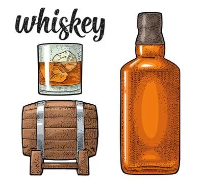 Whiskey glass with ice cubes, barrel, bottle Stock Illustration