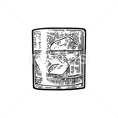 Whiskey glass with ice cubes. Vector vintage black engraving Stock Illustration