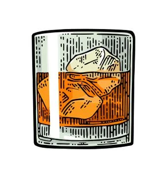 Whiskey glass with ice cubes. Vector vintage color engraving Stock Illustration
