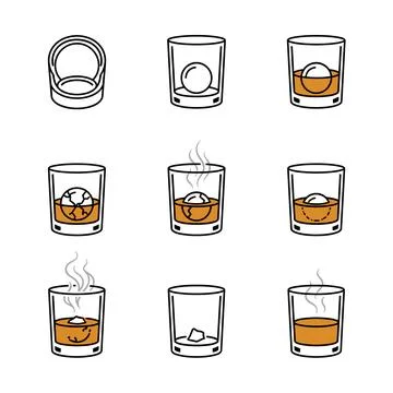 Whiskey glass sequence with ice and ball, vector illustration, line art, wh.. Stock Illustration