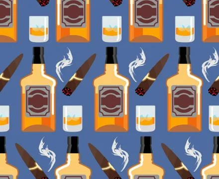Whiskey with ice seamless pattern. Gentleman background. Bottle of scotch t.. Stock Illustration
