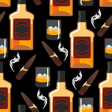 Whiskey with ice seamless pattern. Gentleman background. Bottle of scotch t.. Stockillustratie