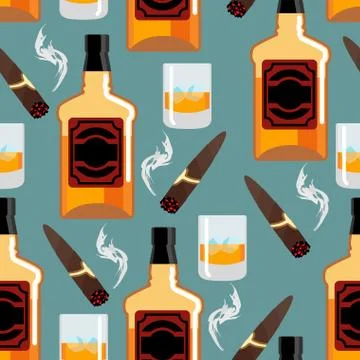 Whiskey with ice seamless pattern. Gentleman background. Bottle of scotch t.. Stock Illustration