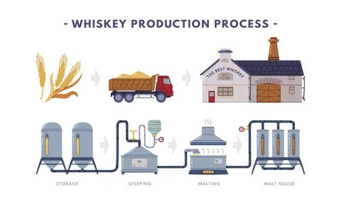 Whiskey Production Process with Distillation, Malting and Storage Vector Set Illustrazione stock