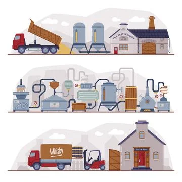 Whiskey Production Process with Distillation, Storage and Aging Steps Vector Set Stock Illustration