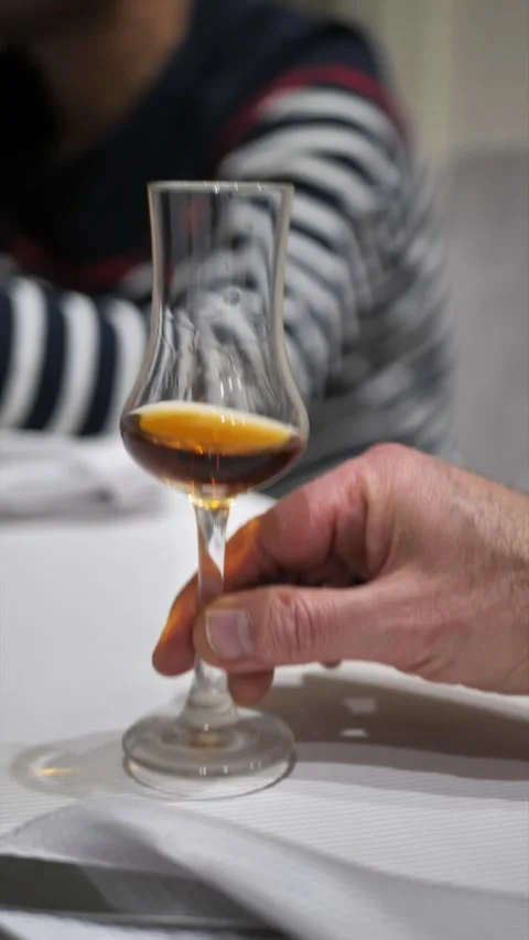 Whiskey tasting. a man conducts a tasting of cognac, brandy alcoholic drinks Stock Footage 294597258