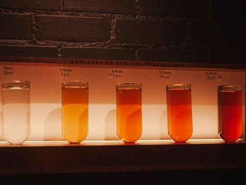Whisky color evolution over time in backlit glass bottles. Stockfoto's