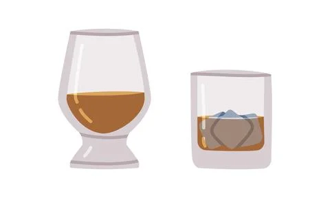 Whisky or Whiskey Poured in Glass with Ice Cube Vector Set Stock Illustration
