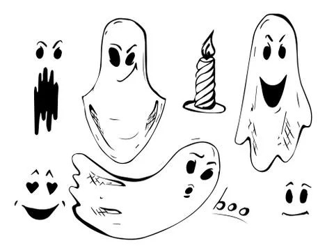 Whisper Ghost hand draw set. Ghost character Costume evil or Character creepy Stock Illustration