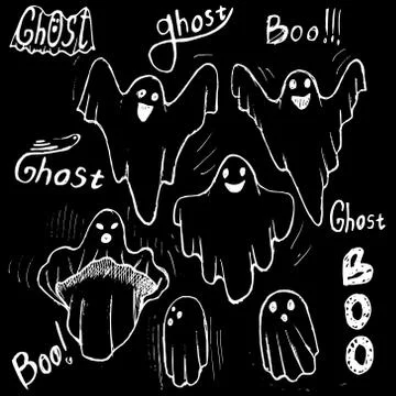 Whisper Ghost hand draw set. Ghost character Costume evil Illustrazione stock