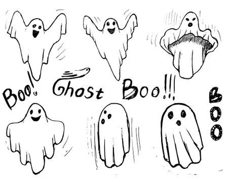 Whisper host hand draw set. Ghost character Costume evil Stock Illustration
