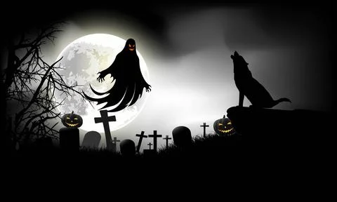 The Whispering Pumpkin Graveyard with Mysterious Ghost Shadows and Wolf Roars Stock Illustration